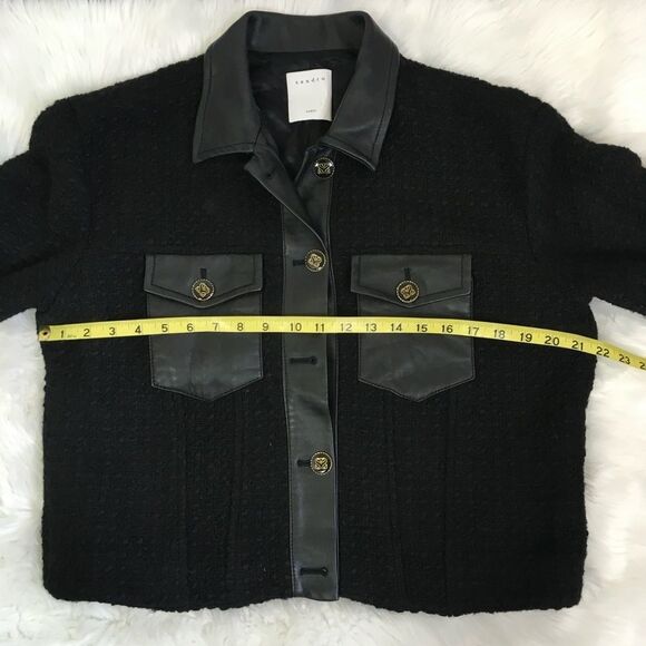 Sandro Black Cropped Leather Trim Button Front Tweed  Boucle Jacket Size 10 - Picture 12 of 17